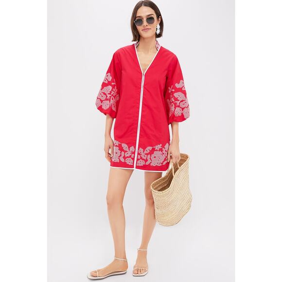 HYACINTH HOUSE Red & White Embroidery Mini Arem Caftan Size XS NWT - Picture 4 of 7